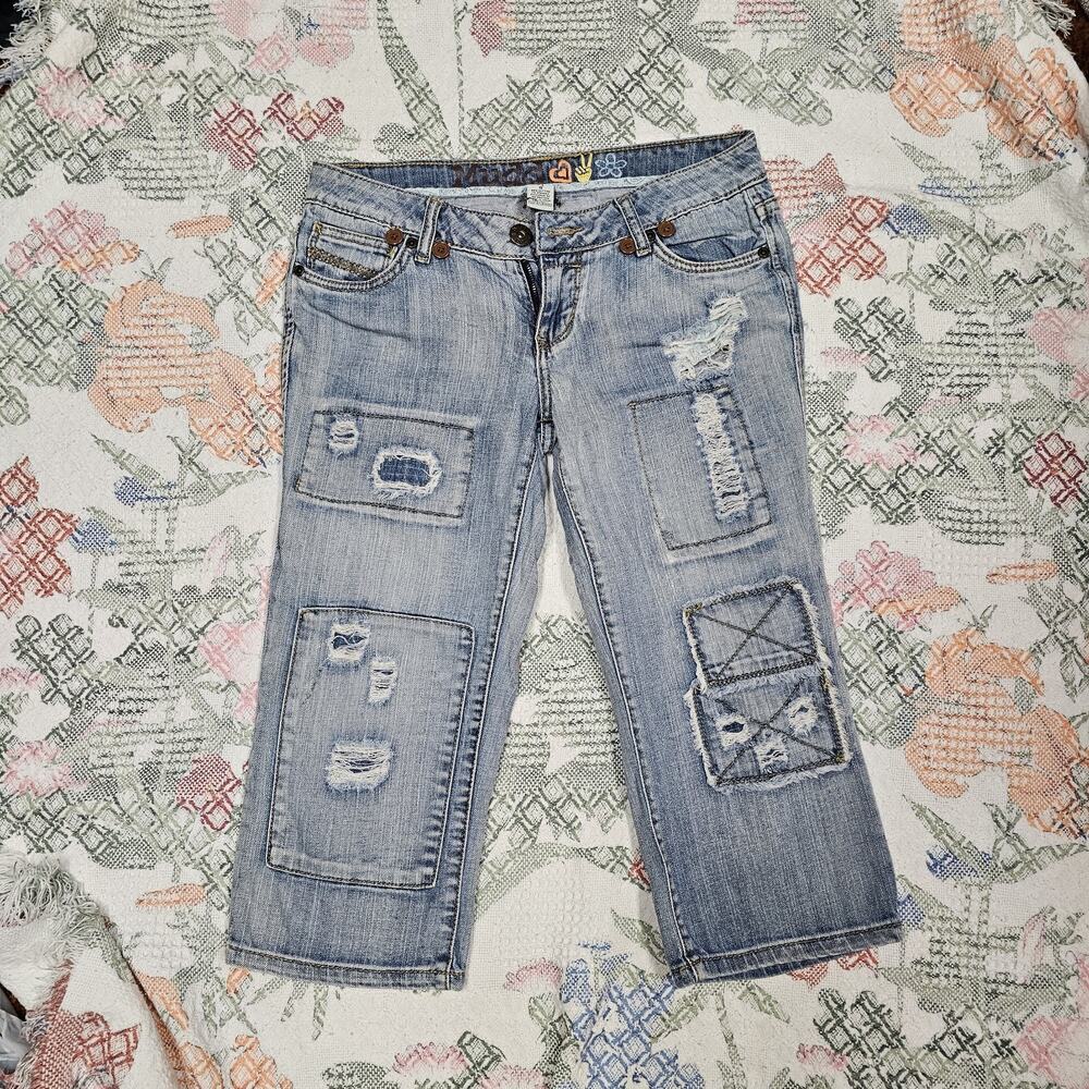 Vintage Mudd Distressed Patchwork Cropped Embroidered Denim Jeans Women y2k